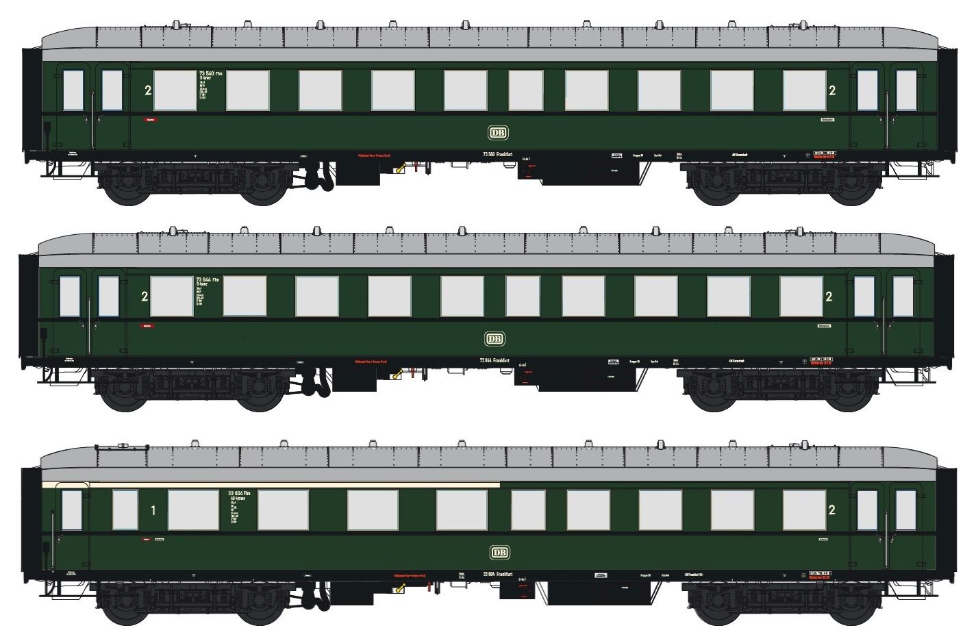 Set besteht aus: Eilzugwagen 2x 2.Klasse - 1x 1/2.Klasse neue Nummern, DB, Flaschengrün, Ep. IIIb